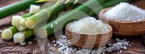 White sugar with fresh sugar cane on wooden table. selective focus. Generative AI,