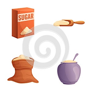White sugar icons set cartoon vector. Sugar in canvas bag and carton package