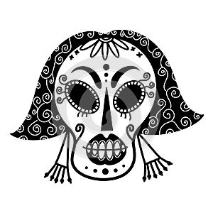 White sugar skull vector icon. Hand drawn doodle isolated on white background. Festive mask of a beautiful girl.