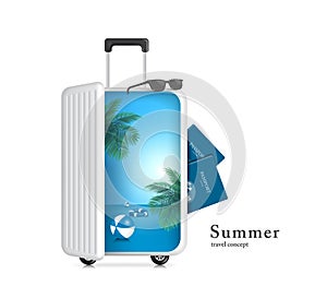 white suitcase or luggage was opened seeing inside is sea, sky and coconut trees in summer and on top there are sunglasses and