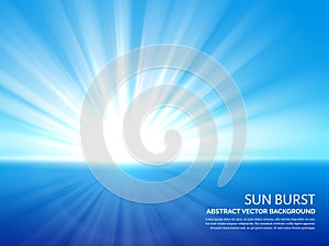 White sun burst in blue sky. Abstract sunlight bursting effect vector background