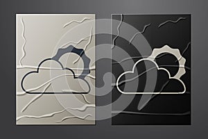 White Sun and cloud weather icon isolated on crumpled paper background. Paper art style. Vector