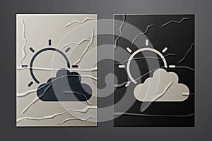 White Sun and cloud weather icon isolated on crumpled paper background. Paper art style. Vector