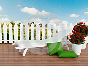 White sunlounger and roses.