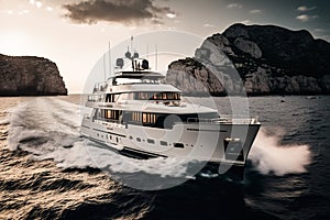 White superyacht in the bay. Generative AI