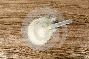 White supplement  scoop on a wood patterned background