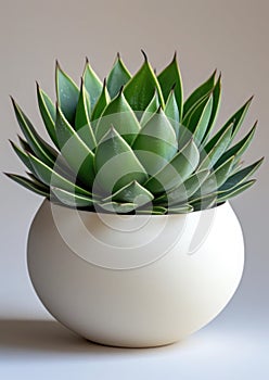 On a white surface, an 'Agave victoriae-reginae', with its tight rosette of spiny, green leaves, presented in a