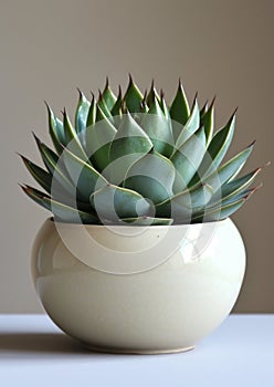 On a white surface, an 'Agave victoriae-reginae', with its tight rosette of spiny, green leaves, presented in a