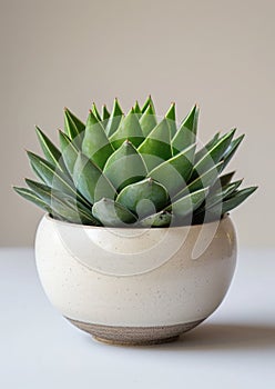 On a white surface, an 'Agave victoriae-reginae', with its tight rosette of spiny, green leaves, presented in a