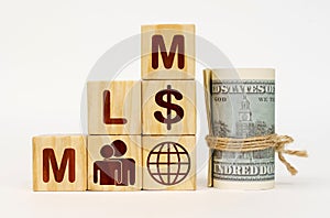 On a white surface, dollars and cubes with images and the inscription - MLM