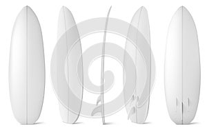 White surfboard front, side and back view