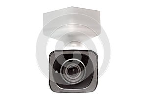 White surveillance camera .CCTV isolated on white. Front face lens view. Close up. Under the dome concept