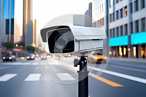 White surveillance camera monitoring city street traffic at night with blurred background