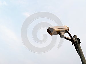 White surveillance camera or security cctv Close Circuit Television with installed on steel pole outdoor and monitor and record
