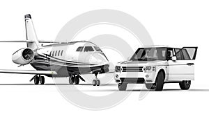 White SUV limousine with a private jet