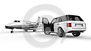 White SUV limousine with a private jet