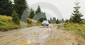 White SUV overcomes mud and puddles on the roads among the forest with fir trees. Wide shot, daytime, summer, spring