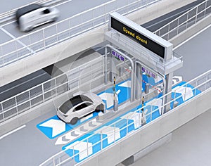 White SUV passing through toll gate without stop by ETC Electronic Toll Collection System