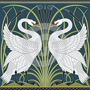 White swan decorative border pattern on dark green background. Vector illustration. photo
