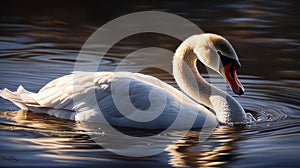 White swan in the foggy lake at the dawn. Morning lights. Romantic background. AI Generative