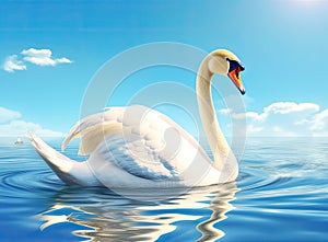 White swan in the foggy lake at the dawn. Morning lights. Romantic background. Beautiful swan. Cygnus. Romance of white