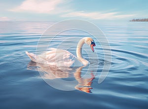 White swan in the foggy lake at the dawn. Morning lights. Romantic background. Beautiful swan. Cygnus. Romance of white