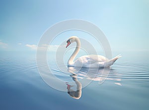 White swan in the foggy lake at the dawn. Morning lights. Romantic background. Beautiful swan. Cygnus. Romance of white