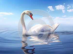 White swan in the foggy lake at the dawn. Morning lights. Romantic background. Beautiful swan. Cygnus. Romance of white