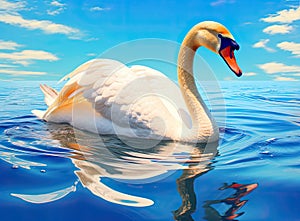 White swan in the foggy lake at the dawn. Morning lights. Romantic background. Beautiful swan. Cygnus. Romance of white