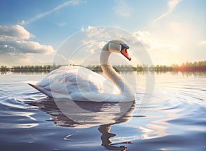 White swan in the foggy lake at the dawn. Morning lights. Romantic background. Beautiful swan. Cygnus. Romance of white