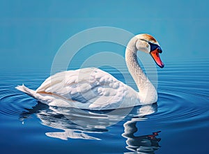 White swan in the foggy lake at the dawn. Morning lights. Romantic background. Beautiful swan. Cygnus. Romance of white