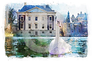 White swan in front Mauritshuis watercolor painting