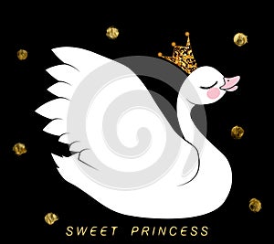 White swan in gold with sparkles crown on black background with gold circles and inscription sweet princess.