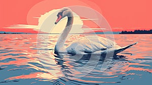 Swan Swimming In Pop Art Style At Sunset photo