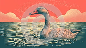 Pink Swan In Water: Woodcut-inspired Graphic With Detailed Skies photo