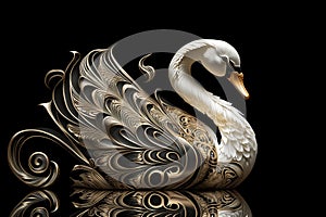The white swan statue is made of shiny silver material on a dark background. Wildlife animals. Illustration. Generative AI