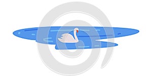 White Swan Swimming in Blue Pond Vector Illustration