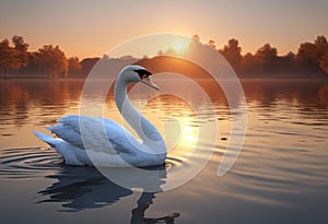 White swan swimming in tranquil waters at dawn, AI-generated.
