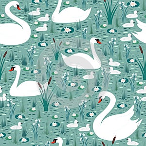 White swans with chicks swim in the pond among lilies and reeds seamless pattern.