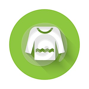 White Sweater icon isolated with long shadow. Pullover icon. Green circle button. Vector
