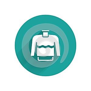 White Sweater icon isolated with long shadow. Pullover icon. Green circle button. Vector