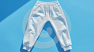 A white sweatpants laying on a blue surface with the sun behind it, AI