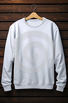 White sweatshirt hanging on wooden wall with hanger. Generative AI
