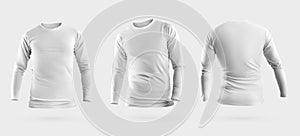 White sweatshirt mockup 3D rendering, male longsleeve, isolated on background, front, back. Set