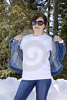 White sweatshirt mockup of a woman in denim jacket, model mockup