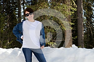 White sweatshirt mockup of a woman in sunglasses