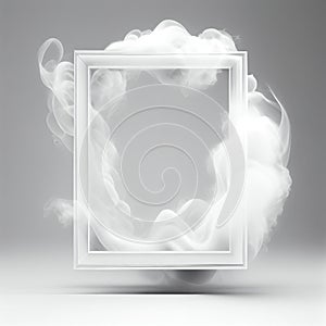 White swirling smoke square frame isolated on grey background.