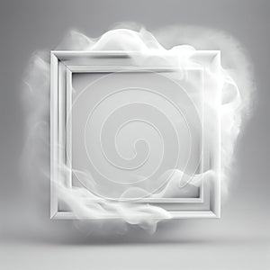 White swirling smoke square frame isolated on grey background.