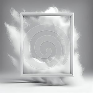 White swirling smoke square frame isolated on grey background.