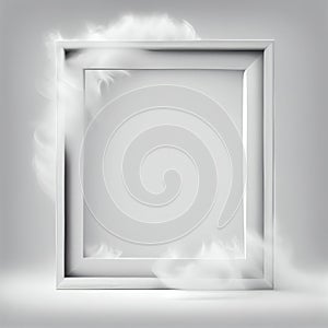 White swirling smoke square frame isolated on grey background.